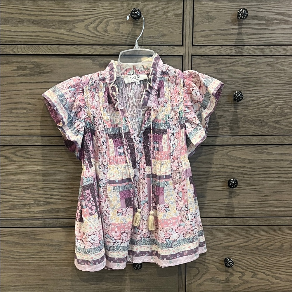 Sea New York Pink Lavender Patchwork Ruffle Sleeve Blouse